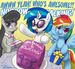 Size: 930x858 | Tagged: artist:johnjoseco, bass cannon, birthday, cake, derpibooru import, nowacking, octavia melody, rainbow dash, safe, vinyl scratch