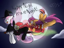 Size: 1024x768 | Tagged: apple bloom, broom, cat, catsuit, cloud, cloudy, costume, cutie mark crusaders, derpibooru import, flying, flying broomstick, full moon, hat, holding, moon, night, nightmare night, night sky, open mouth, pirate, safe, scared, scootaloo, smiling, sparkles, spread wings, sweetie belle, teenage crusaders answers, teenager, tumblr, witch, witch hat
