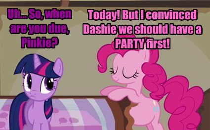 Size: 425x263 | Tagged: derpibooru import, pinkie pie, pregnant, pregnant edit, safe, twilight sparkle