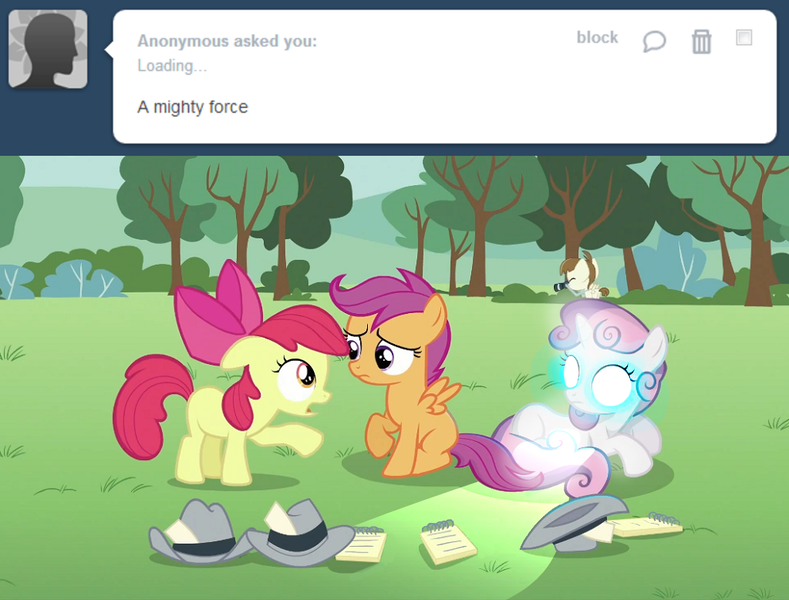 Size: 993x755 | Tagged: apple bloom, artist:capnpea, cutie mark crusaders, derpibooru import, edit, edited screencap, featherweight, fimbriae, glowing eyes, ponyville confidential, safe, scootaloo, screencap, sweetie belle, tumblr