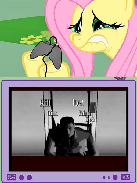 Size: 563x752 | Tagged: safe, derpibooru import, fluttershy, pony, exploitable meme, fluttercry, gamershy, killer7, meme, tv meme