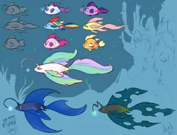Size: 1441x1100 | Tagged: angler fish, applejack, artist:atryl, derpibooru import, fish, fishified, flutterfish, fluttershy, grin, mane six, maybe salmon, my little x, original species, pinkie pie, princess celestia, princess luna, queen chrysalis, rainbow dash, rainbow trout, rarifish, rarity, safe, smiling, smirk, species swap, twilight sparkle