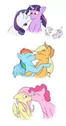 Size: 859x1631 | Tagged: suggestive, artist:arcticwaters, derpibooru import, twilight sparkle, earth pony, pegasus, pony, unicorn, appledash, blushing, female, flutterpie, kissing, lesbian, mare, rarilight, shipper on deck, shipping, unicorn twilight