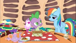 Size: 856x478 | Tagged: derpibooru import, dragon quest, hub logo, rainbow dash, safe, screencap, spike, youtube caption