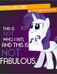 Size: 1580x2048 | Tagged: safe, derpibooru import, rarity, pony, costume, marshmallow, mouth hold, not fabulous, poster, rarity is a marshmallow, solo