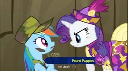 Size: 856x478 | Tagged: derpibooru import, dragon quest, hub logo, rainbow dash, rarity, safe, screencap, youtube caption