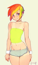 Size: 580x985 | Tagged: artist:doxy, belly button, breasts, delicious flat chest, derpibooru import, ear piercing, female, human, humanized, light skin, looking at you, midriff, piercing, rainbow dash, rainbow flat, simple background, solo, solo female, suggestive