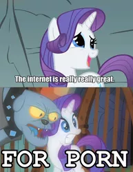 Size: 500x646 | Tagged: a dog and pony show, avenue q, derpibooru import, diamond dog, edit, edited screencap, fido, gritted teeth, image macro, open mouth, rarity, safe, screencap, smiling, song reference, the internet is for porn, wide eyes