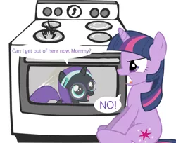 Size: 856x700 | Tagged: semi-grimdark, derpibooru import, twilight sparkle, oc, oc:nyx, alicorn, pony, unicorn, angry, cooked alive, cooking, dialogue, female, filly, fire, frown, glare, glasses, grimderp, imminent death, looking up, mare, meme, no, nyxabuse, open mouth, oven, pony as food, simple background, smiling, speech bubble, stove, this will end in death, this will end in tears, this will end in tears and/or death, unicorn twilight, wat, white background