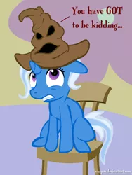 Size: 600x800 | Tagged: safe, artist:snapai, derpibooru import, trixie, pony, unicorn, chair, crossover, female, filly, harry potter, hat, mare, sitting, solo, sorting hat, younger