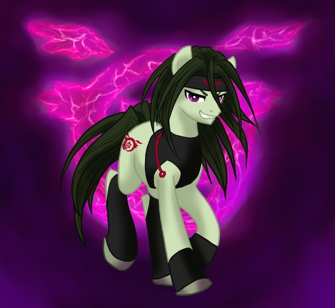 Size: 1129x1038 | Tagged: safe, artist:vertrev, derpibooru import, ponibooru import, ponified, earth pony, pony, envy the jealous, evil grin, fullmetal alchemist, headband, homunculus, looking at you, male, narrowed eyes, smiling, smirk, stallion, walking