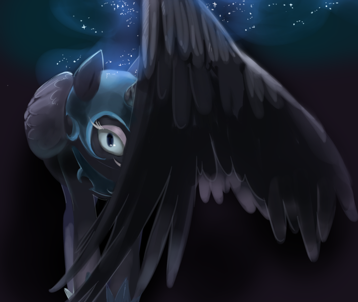 Size: 1096x923 | Tagged: safe, alternate version, artist:jiayi, derpibooru import, nightmare moon, alicorn, pony, black background, covering, cute, evil grin, grin, hiding behind wing, looking at you, moonabetes, simple background, smiling, solo, spread wings