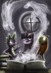 Size: 1280x1829 | Tagged: artist:slawomiro, book, derpibooru import, magic, patronus, safe, spike, twilight sparkle, windigo