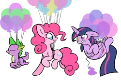 Size: 2500x1700 | Tagged: safe, artist:selective-yellow, derpibooru import, pinkie pie, spike, twilight sparkle, dragon, earth pony, pony, unicorn, balloon, blush sticker, blushing, eyes closed, female, floating, lesbian, male, mare, monocle, shipping, simple background, transparent background, trio, twinkie, unicorn twilight