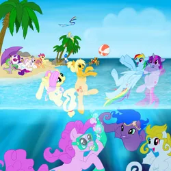 Size: 2000x2000 | Tagged: safe, artist:vertrev, derpibooru import, apple bloom, applejack, big macintosh, caramel, derpy hooves, fluttershy, pinkie pie, rainbow dash, rarity, scootaloo, spike, sweetie belle, twilight sparkle, vinyl scratch, oc, earth pony, pony, sea pony, beach, beach ball, caramac, cutie mark crusaders, flippers, gay, goggles, male, mane six, shipping, snorkel, stallion, swimming, swimming goggles
