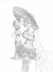Size: 1000x1373 | Tagged: ask, ask housewife bonbon, bon bon, clothes, derpibooru import, hat, humanized, lyra heartstrings, monochrome, moustache, safe, skirt, summer, sweetie drops, thanks, traditional art, tumblr