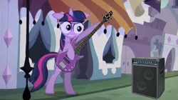 Size: 605x338 | Tagged: bass guitar, derpibooru import, edit, edited screencap, musical instrument, safe, screencap, special eyes, spoiler:s03, the crystal empire, twilight sparkle