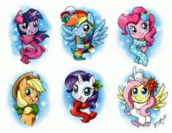 Size: 3300x2550 | Tagged: safe, artist:chibi-jen-hen, derpibooru import, angel bunny, applejack, fluttershy, pinkie pie, rainbow dash, rarity, twilight sparkle, bow, clothes, earmuffs, holly, mane six, mistletoe, pet, poinsettia, scarf, snow, snowfall, snowflake, tongue out, wink