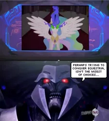 Size: 537x600 | Tagged: darklestia, dark magic, derpibooru import, edit, edited screencap, hub logo, megatron, meme, princess celestia, safe, screencap, sombra eyes, the crystal empire, transformers