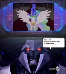 Size: 537x600 | Tagged: darklestia, dark magic, derpibooru import, edit, edited screencap, megatron, meme, princess celestia, safe, screencap, sombra eyes, the crystal empire, transformers