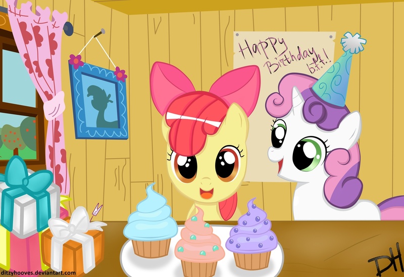 Size: 2577x1766 | Tagged: safe, artist:shiarr, derpibooru import, apple bloom, sweetie belle, birthday, cupcake, hat, party hat, present