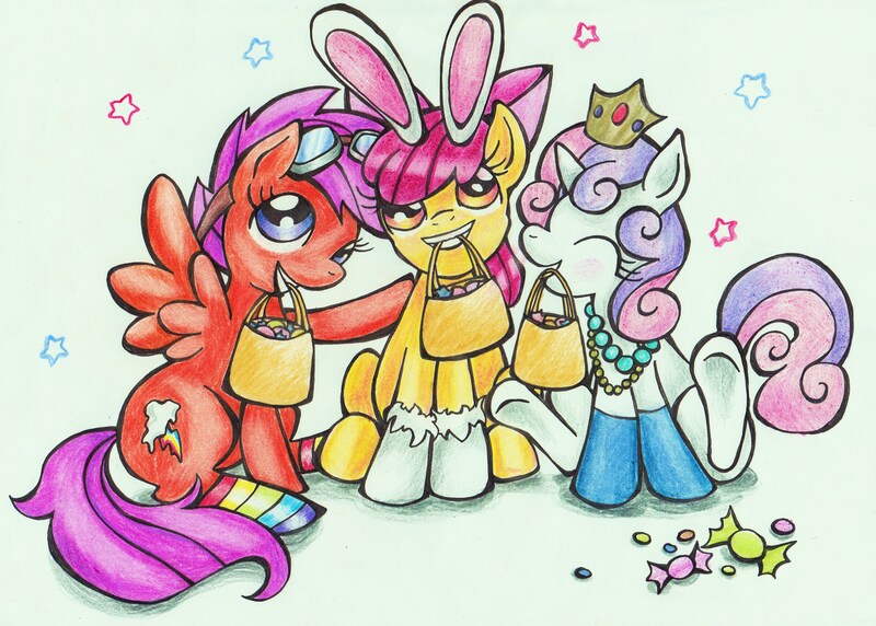 Size: 3455x2472 | Tagged: apple bloom, artist:ooodanaooo, candy, clothes, costume, cutie mark crusaders, derpibooru import, goggles, hooves, nightmare night, princess, rabbit, rainbow socks, safe, scootaloo, socks, striped socks, sweetie belle, traditional art, underhoof