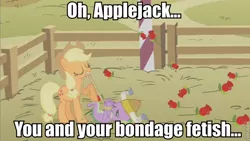 Size: 800x450 | Tagged: safe, derpibooru import, edit, edited screencap, screencap, applejack, spike, dragon, earth pony, pony, fall weather friends, applespike, bondage, caption, female, hogtied, image macro, male, mare, on back, out of context, roflbot, rope, shipping, straight, tied up