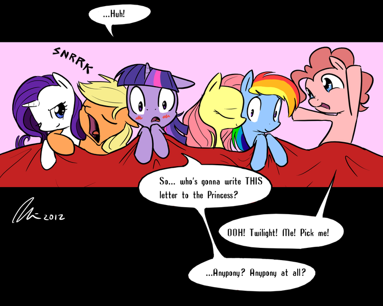 Size: 1250x1000 | Tagged: safe, artist:rwl, derpibooru import, applejack, fluttershy, pinkie pie, rainbow dash, rarity, twilight sparkle, earth pony, pegasus, pony, unicorn, bed, blanket, blushing, confused, cute, dialogue, diapinkes, embarrassed, eyes closed, female, floppy ears, flutterdash, group sex, hug, lesbian, lidded eyes, mane six, mare, omniship, one eye closed, open mouth, rarijack, shipping, sleeping, smiling, snoring, speech bubble, surprised, text, unicorn twilight, wide eyes, wink