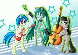 Size: 3508x2480 | Tagged: artist:roshichen, crossover, derpibooru import, hatsune miku, leek, octavia melody, ponified, safe, vinyl scratch, vocaloid