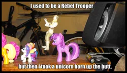 Size: 1644x951 | Tagged: applejack, blind bag, derpibooru import, fluttershy, image macro, irl, ouch, owned, photo, pinkie pie, rainbow dash, rarity, rebel trooper, safe, star wars, toy, twilight sparkle