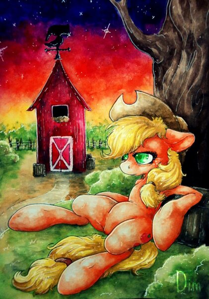 Size: 898x1280 | Tagged: applejack, armpits, artist:dimwitdog, barn, derpibooru import, dusk, female, grass, outdoors, safe, sitting, solo, sunset, sweet apple acres, tree