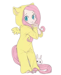 Size: 600x727 | Tagged: artist:qeius, clothes, colored pupils, costume, cute, derpibooru import, fluttershy, humanized, kigurumi, looking at you, onesie, pajamas, plushie, rabbit, safe, shyabetes, simple background, solo, transparent background, younger