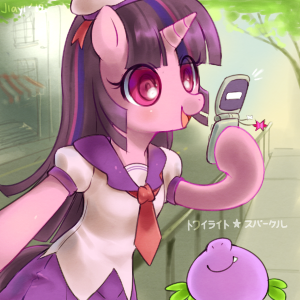 Size: 300x300 | Tagged: anthro, artist:jiayi, clothes, cute, derpibooru import, japanese, mobile phone, pixiv, safe, schoolgirl, spike, twilight sparkle, uniform