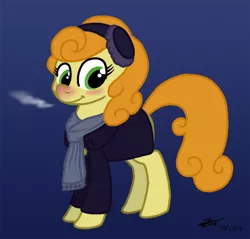 Size: 552x527 | Tagged: artist:zicygomar, carrot top, clothes, coat, derpibooru import, earmuffs, golden harvest, safe, scarf, solo, winter outfit