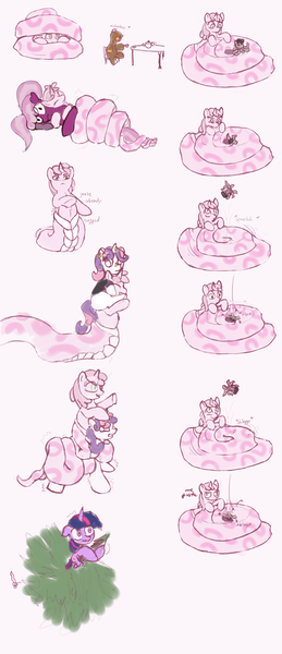 Size: 1030x2389 | Tagged: artist:sevireth, cheerilee, derp, derpibooru import, earring, floppy ears, frown, gritted teeth, hiding, hokuto no ken, hug, lamia, meanie belle, me gusta, naga pinch, octavia melody, octopus, original species, piercing, pointing, ponies riding ponies, pony hat, riding, ruby pinch, safe, scared, shivering, sweetie belle, sweetiehat, twilight sparkle, wavy mouth, wide eyes