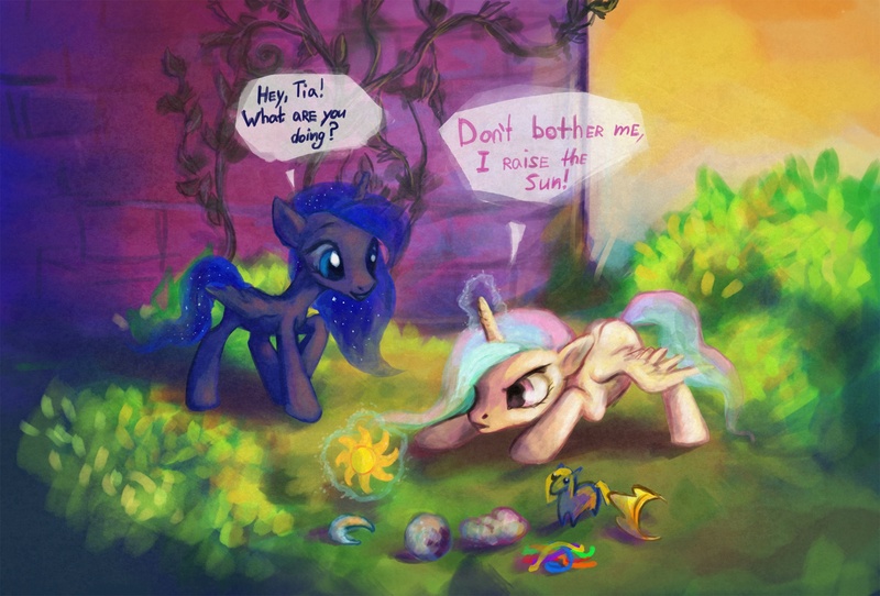 Size: 2062x1396 | Tagged: safe, artist:nayshie, derpibooru import, princess celestia, princess luna, pony, cewestia, filly, magic, woona, younger