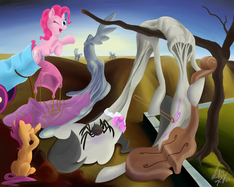 Size: 1250x1000 | Tagged: applejack, artist:mylittlebadzerg, cannon, cello, derpibooru import, eyes closed, fine art parody, musical instrument, octavia melody, parody, party cannon, pinkie pie, safe, salvador dalí, scootaloo, spider, surreal, the persistence of memory, tree, twilight sparkle