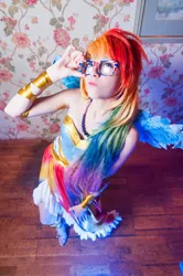 Size: 680x1024 | Tagged: artist:serebii42, clothes, cosplay, derpibooru import, dress, gala dress, glasses, hipster, human, irl, irl human, photo, rainbow dash, rainbow dork, safe, solo