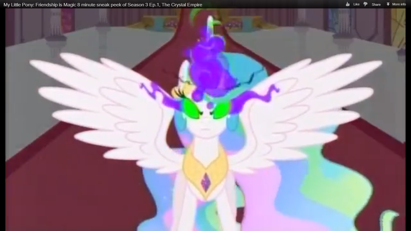 Size: 1366x768 | Tagged: safe, derpibooru import, screencap, princess celestia, alicorn, pony, the crystal empire, dark magic, darklestia, ethereal mane, female, mare, solo, sombra eyes, youtube link