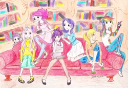 Size: 900x616 | Tagged: applejack, artist:jess93, clothes, converse, derpibooru import, dress, fluttershy, humanized, mane seven, pinkie pie, rainbow dash, safe, shoes, skirt, spike, twilight sparkle