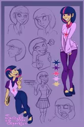 Size: 658x1000 | Tagged: artist:warwind, book, clothes, derpibooru import, facial expressions, humanized, safe, sketch dump, solo, sweater, twilight sparkle, vest