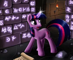 Size: 1300x1074 | Tagged: safe, artist:sirzi, derpibooru import, twilight sparkle, glowing horn, looking up, magic, open mouth, ruins, runes, runes in ruins, scroll, solo, torch