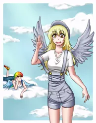 Size: 700x900 | Tagged: artist:apzzang, cloud, cloudy, derpibooru import, derpy hooves, humanized, observer, overalls, rainbow dash, safe, winged humanization