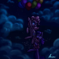 Size: 1200x1200 | Tagged: safe, artist:rwl, derpibooru import, pinkie pie, twilight sparkle, balloon, cloud, cloudy, female, floating, flying, lesbian, low light, night, night sky, shipping, sky, stars, then watch her balloons lift her up to the sky, twinkie