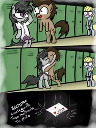 Size: 801x1068 | Tagged: safe, derpibooru import, derpy hooves, doctor whooves, octavia melody, time turner, pegasus, pony, ask-derpyweas, clothes, derpyweas, doctavia, female, kissing, mare, skirt, spanish, upskirt