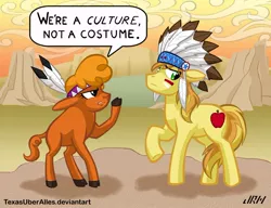 Size: 720x553 | Tagged: safe, artist:texasuberalles, derpibooru import, braeburn, little strongheart, buffalo, earth pony, pony, costume, cultural appropriation, duo, female, male, stallion, we're a culture not a costume