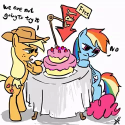 Size: 850x850 | Tagged: applejack, artist:ykchiropter, cake, derpibooru import, pinkie pie, rainbow dash, safe