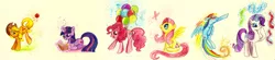 Size: 7087x1573 | Tagged: applejack, artist:colourbee, balloon, derpibooru import, fluttershy, mane six, pinkie pie, rainbow dash, rarity, safe, traditional art, twilight sparkle