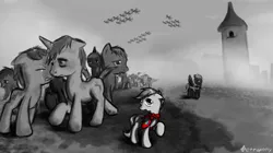 Size: 1076x602 | Tagged: artist:tetrapony, cape, clothes, cloudsdale, cmc cape, derpibooru import, fanfic:rainbow factory, grimdark, monochrome, neo noir, partial color, schindler's list, scootaloo