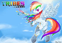Size: 1900x1324 | Tagged: safe, artist:sunnybunnyi, derpibooru import, rainbow dash, pegasus, pony, crossover, cute, dashabetes, female, flying, gun, looking back, mare, plot, shazbot, sky, solo, tribes, tribes ascend